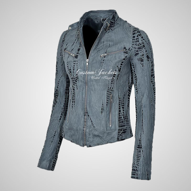 VERVE Croc Print Ladies Biker Leather Jacket Grey