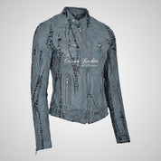 VERVE Croc Print Ladies Biker Leather Jacket Grey