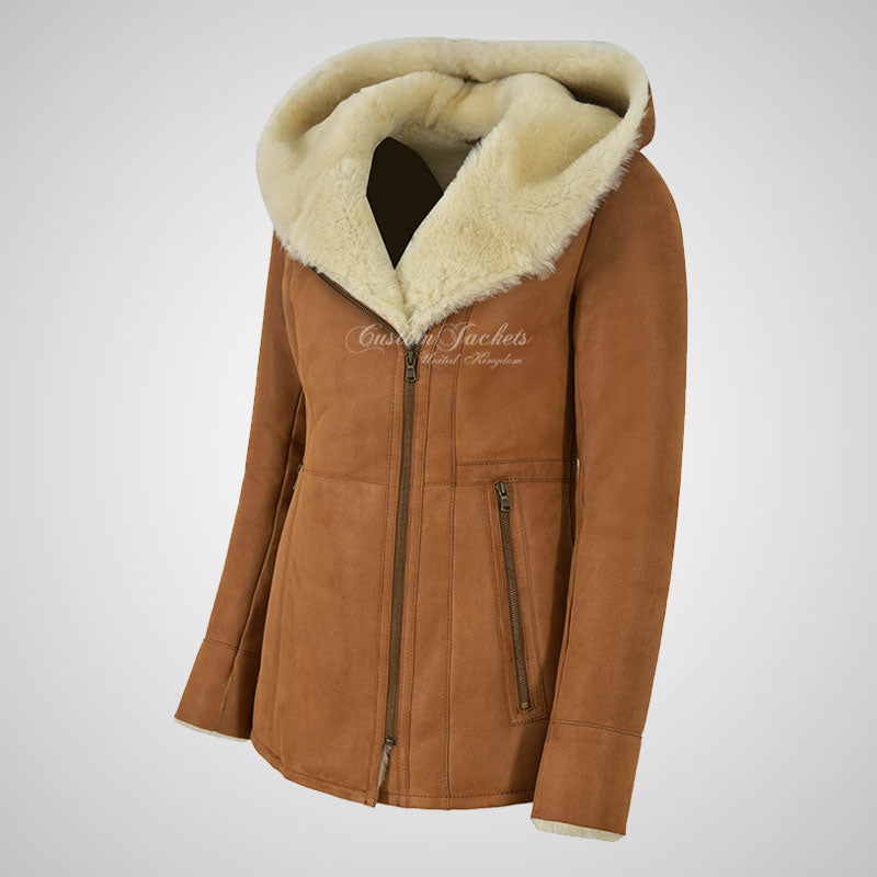 YAREN Ladies Tan Sheepskin Hooded Coat Shearling Fur Jacket