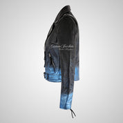 BRANDO Women Leather Biker Jacket Blue Sparkle Rocker Jacket