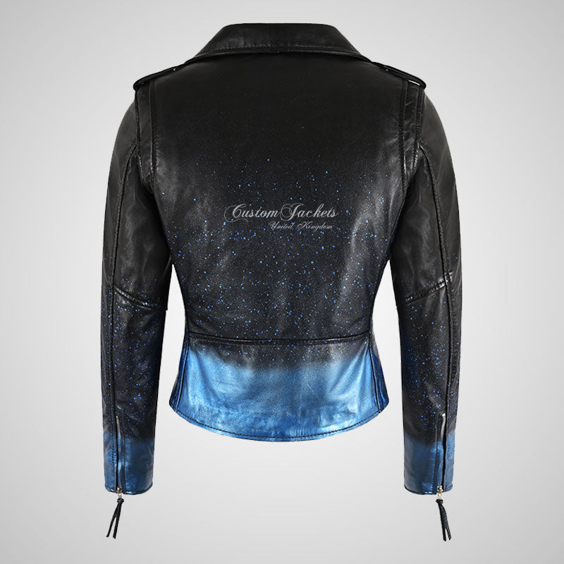 BRANDO Women Leather Biker Jacket Blue Sparkle Rocker Jacket