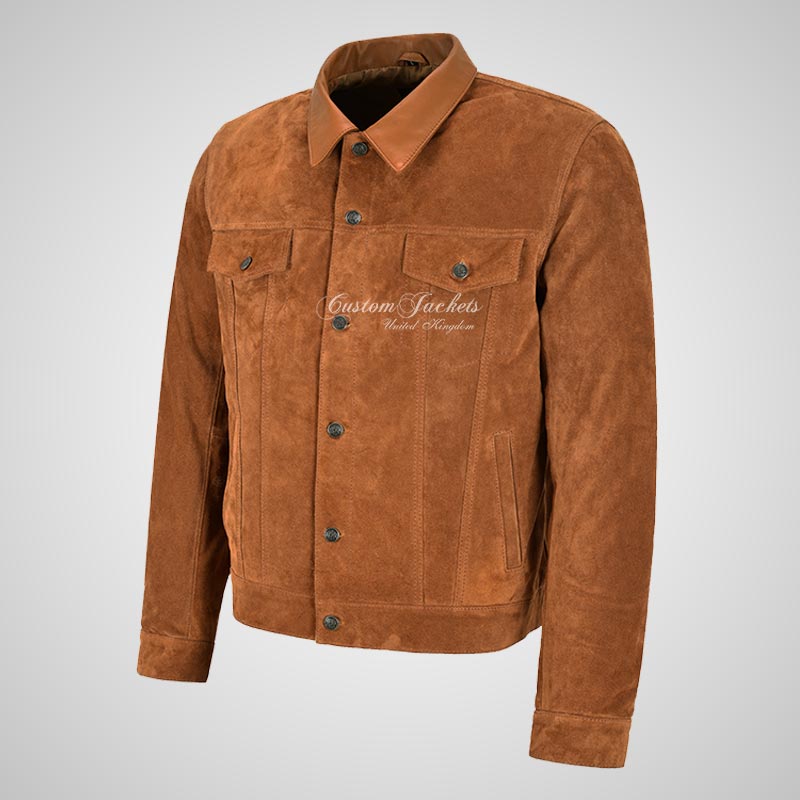 TRUCKER Suede Jacket For Men's With Leather Collar