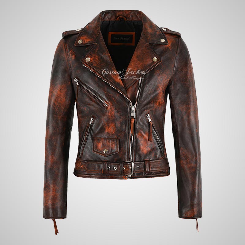 BRANDO Ladies Leather Biker Jacket in Rustic Orange Waxed