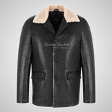 OMSK Men's Black Leather Box Coat Detachable Fur Collared