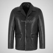 OMSK Men's Black Leather Box Coat Detachable Fur Collared