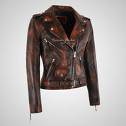 BRANDO Ladies Leather Biker Jacket in Rustic Orange Waxed