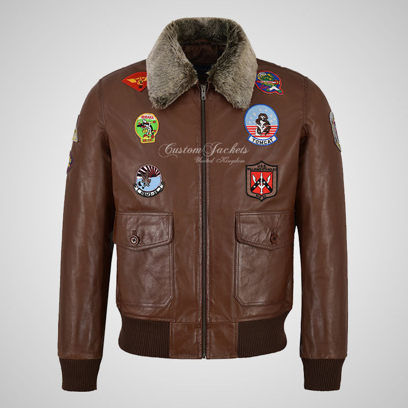 TOP GUN Men's Fur Collared Buffalo Leather Bomber Jacket with Badges
