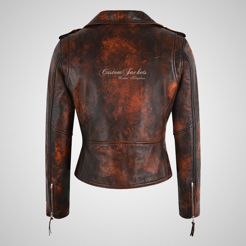 BRANDO Ladies Leather Biker Jacket in Rustic Orange Waxed