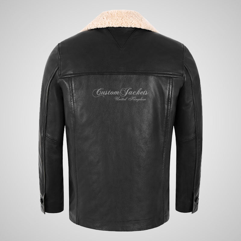 OMSK Men's Black Leather Box Coat Detachable Fur Collared