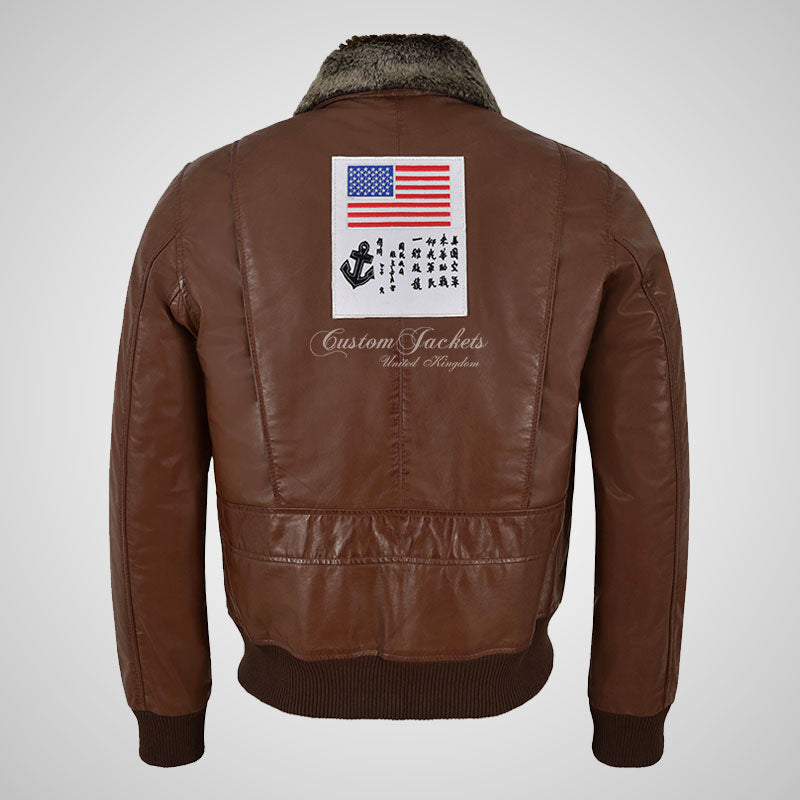 TOP GUN Men's Fur Collared Buffalo Leather Bomber Jacket with Badges