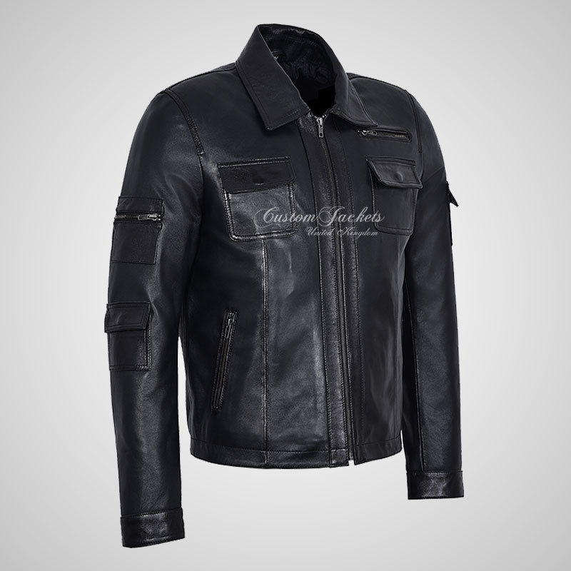 JADE Men's Classic Collared Leather Blouson Jacket Black