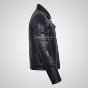 JADE Men's Classic Collared Leather Blouson Jacket Black