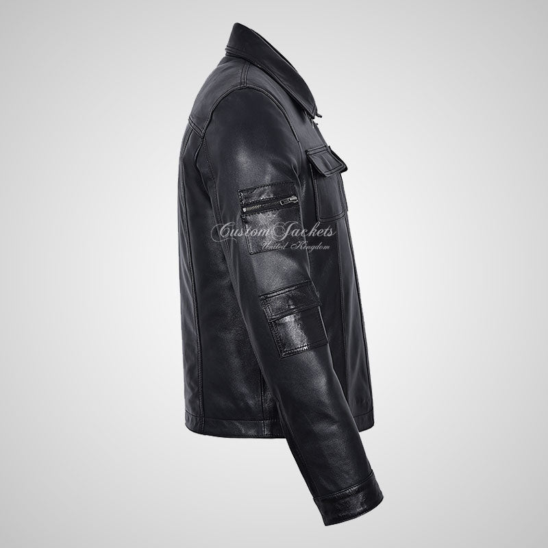 JADE Men's Classic Collared Leather Blouson Jacket Black