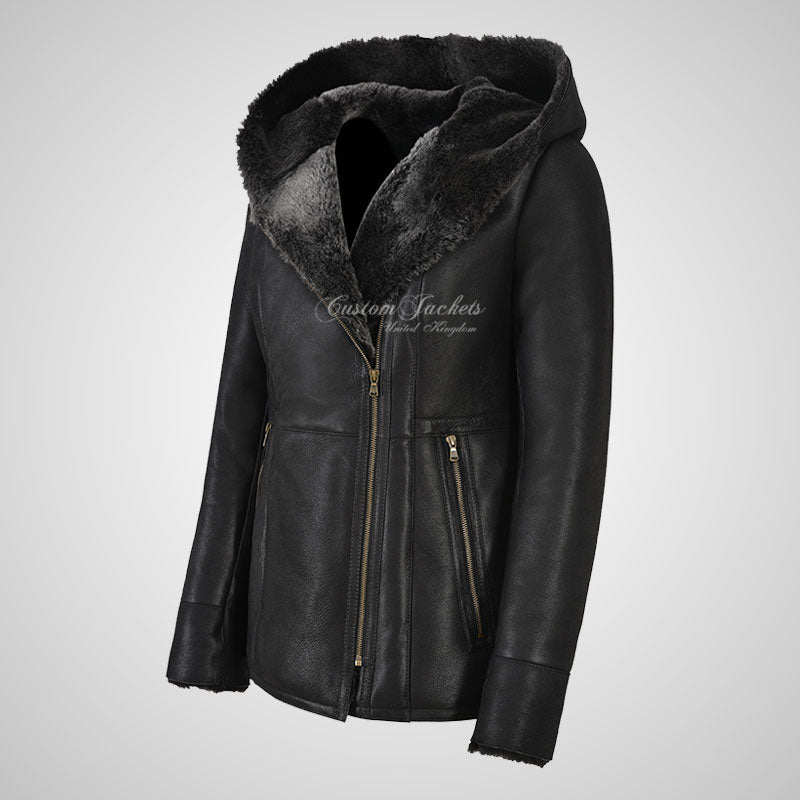 YAREN Ladies Black Sheepskin Hooded Coat Winter Grey Shearling Fur Jacket