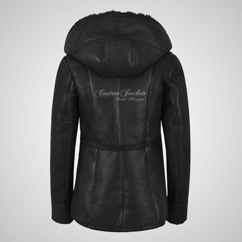 YAREN Ladies Black Sheepskin Hooded Coat Winter Grey Shearling Fur Jacket