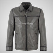 AARON Men's Collared Leather Jacket in Grey