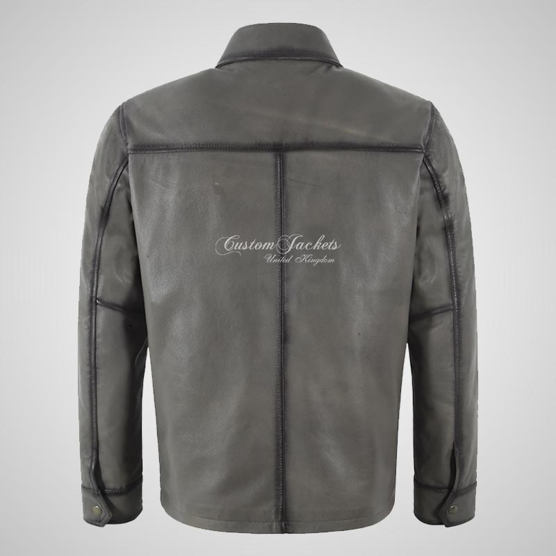 AARON Men's Collared Leather Jacket in Grey