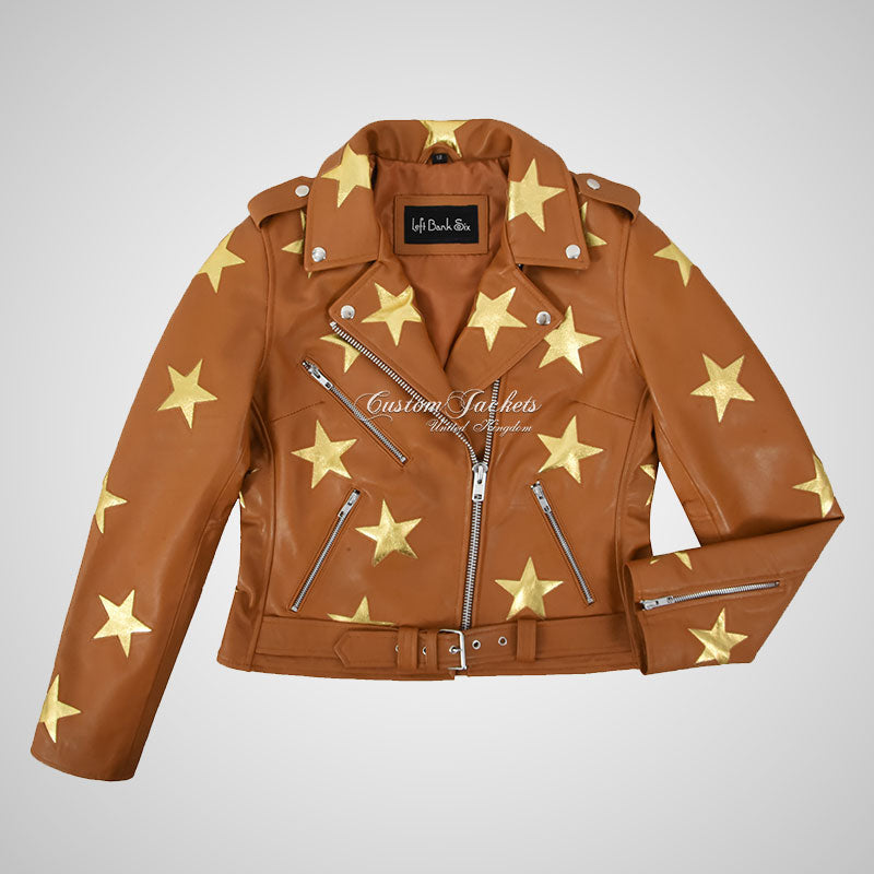 BRANDO Women Stars Leather Biker Jacket