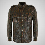 VANCE Men's Leather Shirt Style Jacket with Press Stud Button Fastening