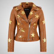 BRANDO Women Stars Leather Biker Jacket