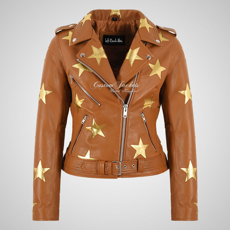 BRANDO Women Stars Leather Biker Jacket