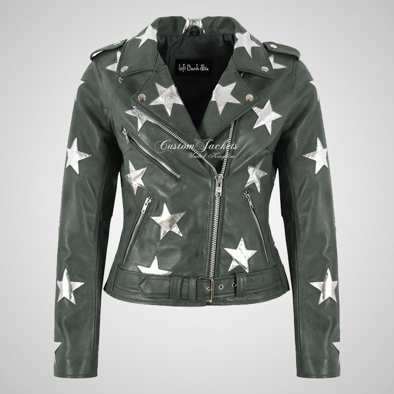 BRANDO Women Stars Leather Biker Jacket