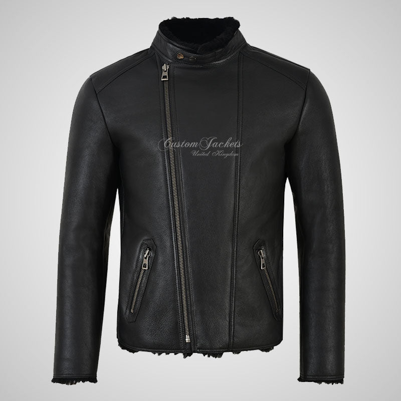 NELSON Black Shearling Jacket For Men's Sheepskin Biker Jacket