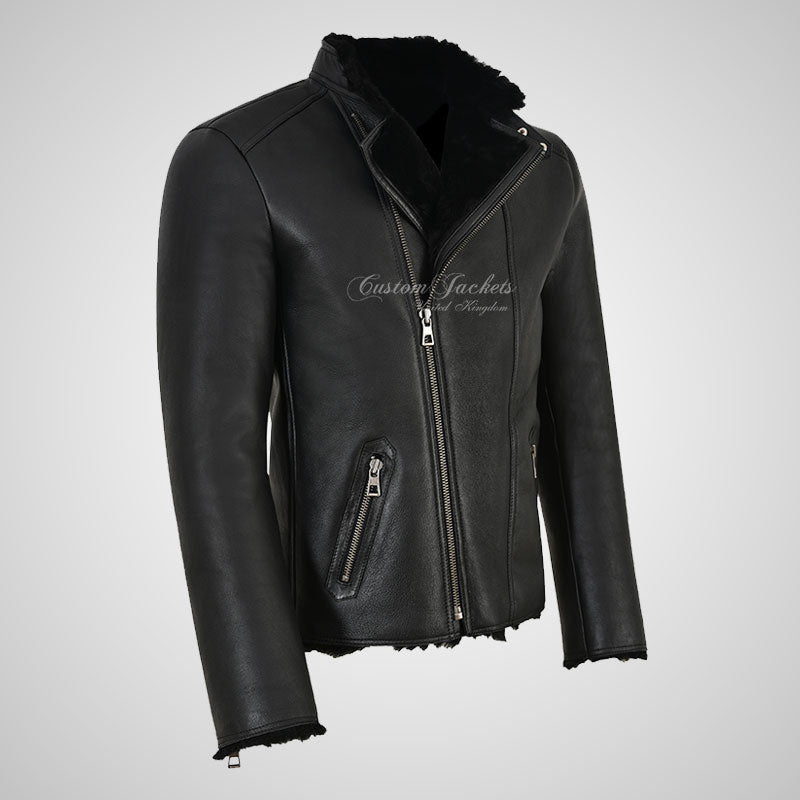 NELSON Black Shearling Jacket For Men's Sheepskin Biker Jacket