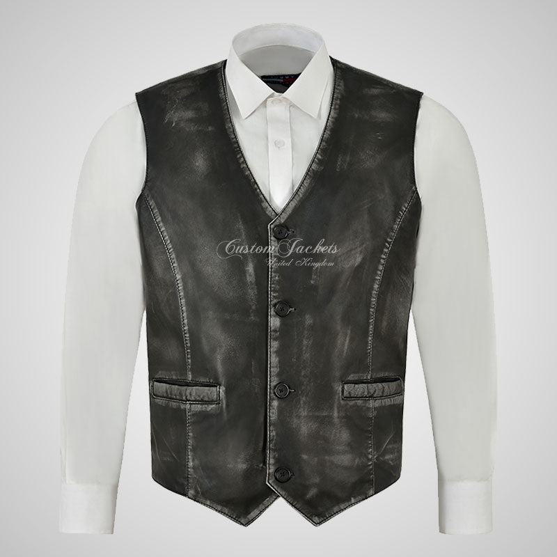 YORK Men's Dirty Vintage Leather Waistcoat Soft Waxed Leather Vest