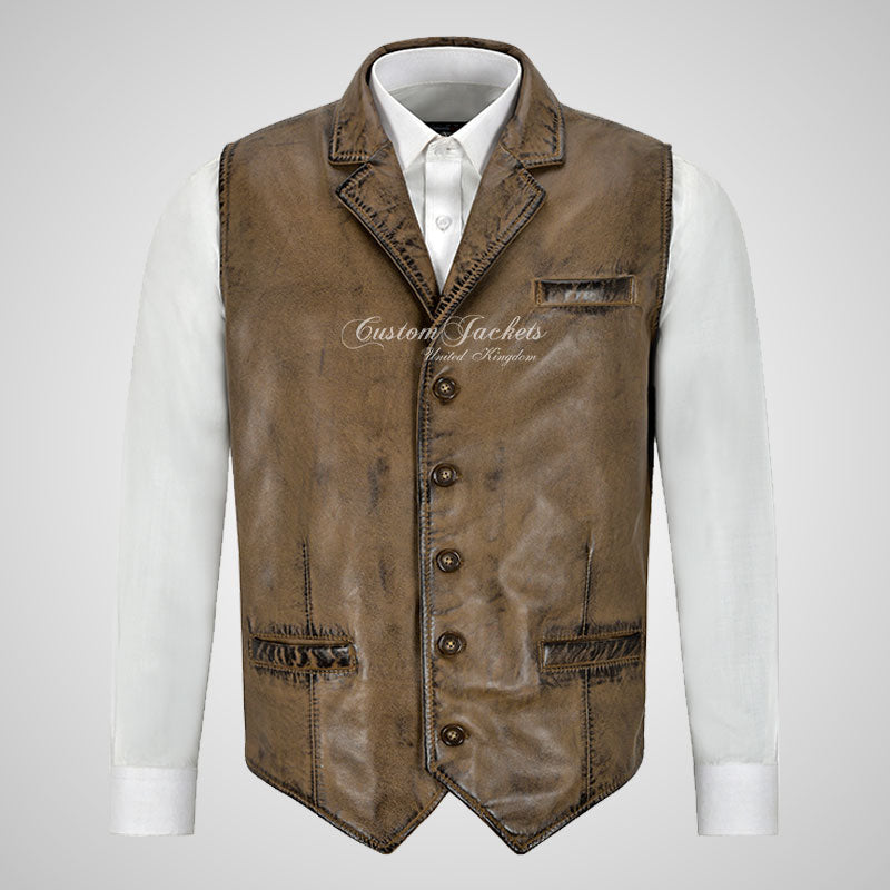 ALDON Notch Lapel Collar Vintage Leather Waistcoat For Mens