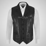 ALDON Notch Lapel Collar Leather Waistcoat For Mens