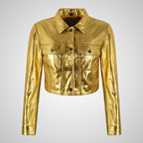 INTRINSIC Women's Cropped Trucker Shiny Leather Jacket