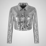 INTRINSIC Women's Cropped Trucker Shiny Leather Jacket