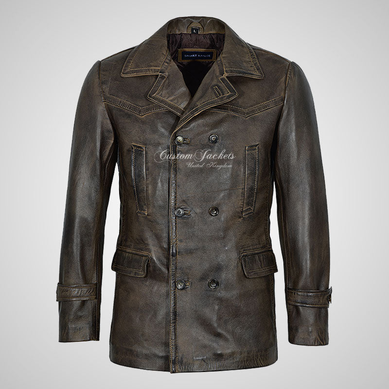 KRIEGSMARINE Mens Leather Pea Coat Soft German Military Leather Jacket