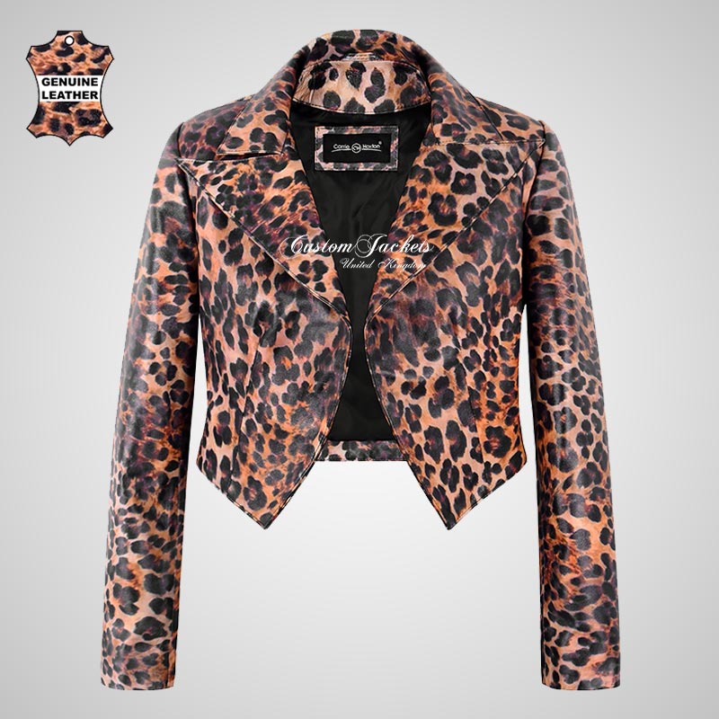LUISA Ladies Leather Bolero Jacket Short Fitted Jacket Leopard Print