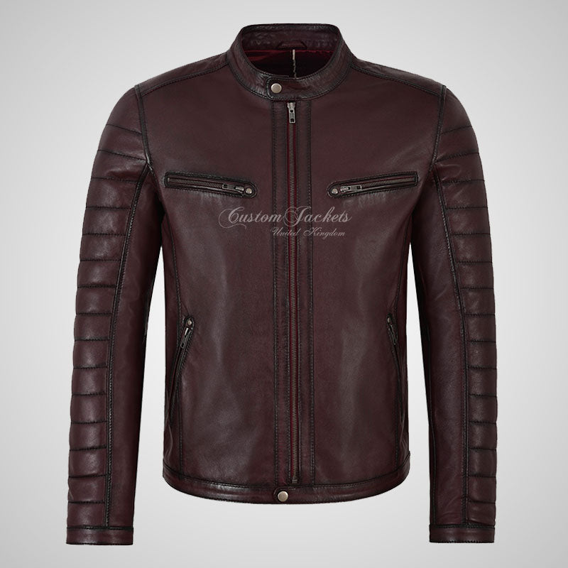 LUMOS Men's Biker Style Fashion Leather Jacket Cherry Maroon