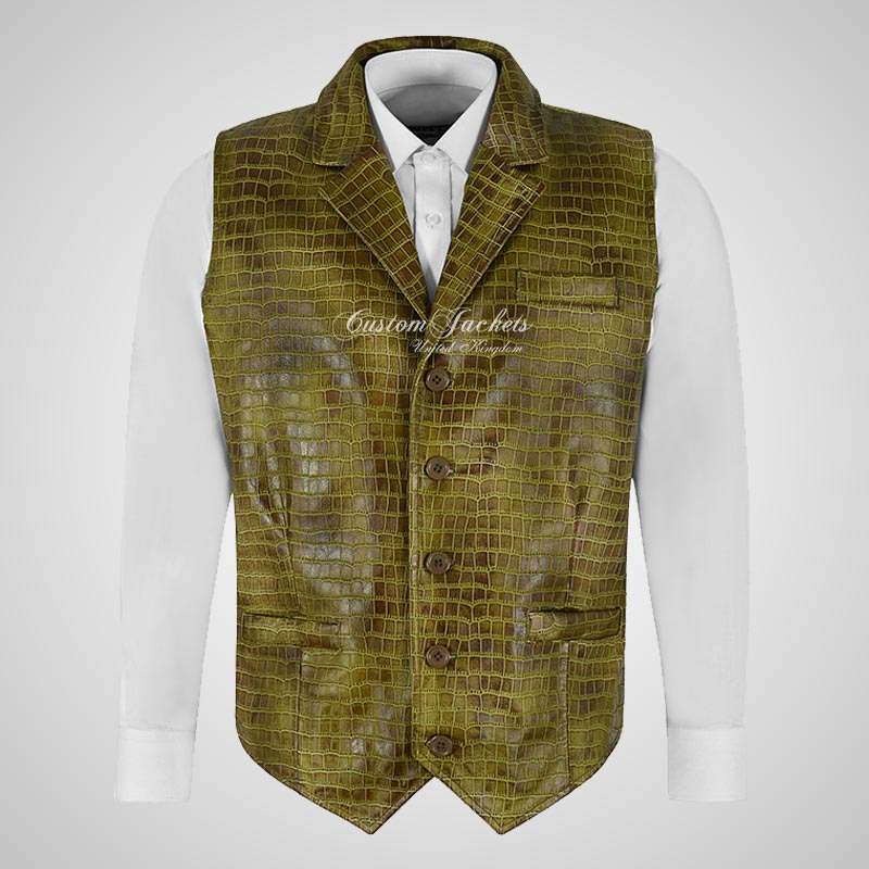 ALDON Notch Collar Croc Print Leather Waistcoat For Mens