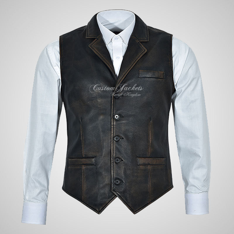 ALDON Notch Lapel Collar Vintage Leather Waistcoat For Mens