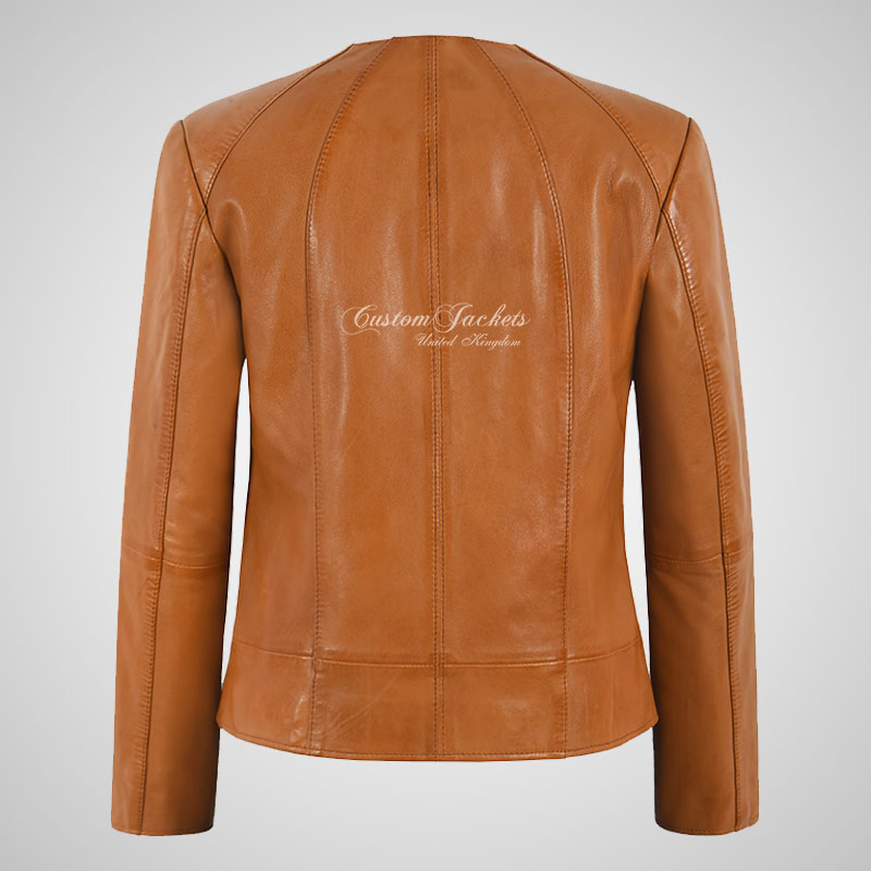 TEODORA Collarless Leather Jacket For Ladies Soft Lamb Napa Leather