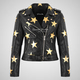 BRANDO Women Leather Biker Jacket With Stars