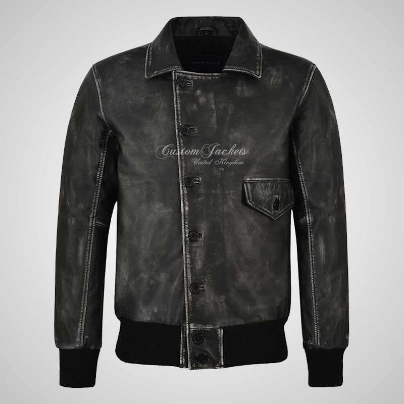 BARNSTORMER Mens Classic Bomber Leather Jacket Vintage Black