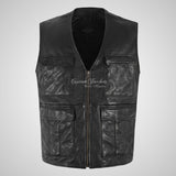MARC Biker Leather Vest For Mens Black Soft Leather Waistcoat