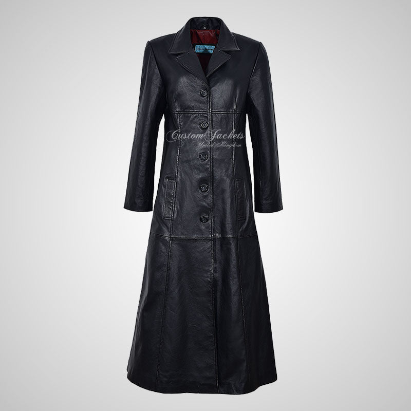 SECRET Ladies Black Leather Trench Coat Full Length Leather Coat