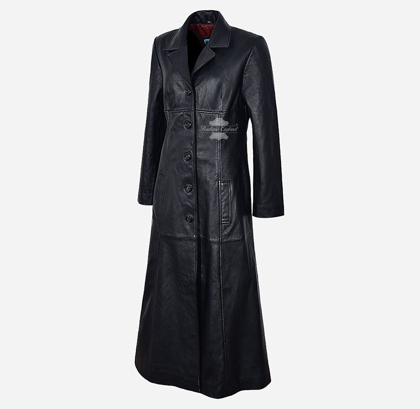ELEGANTLY GOTHIC LADIES FULL-LENGTH LEATHER COAT BLACK LEATHER