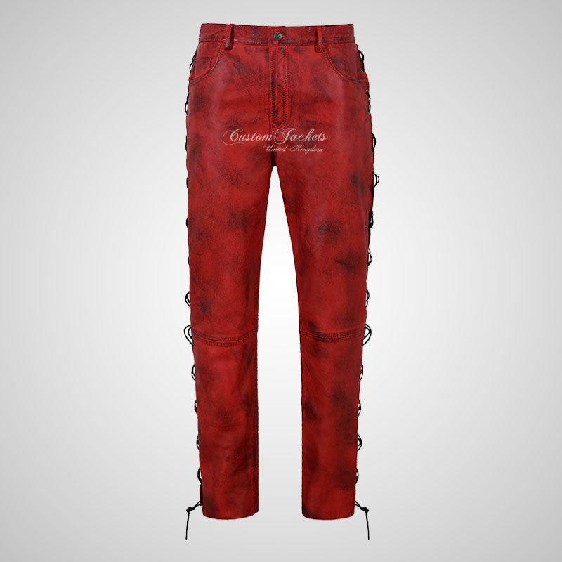 TROOPER Mens Laced Biker Style Leather Pants Soft Lamb Leather