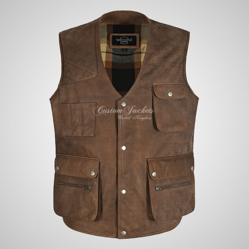 STEAD Fisherman Vest Leather Waistcoat for Mens Antique Brown Buffed