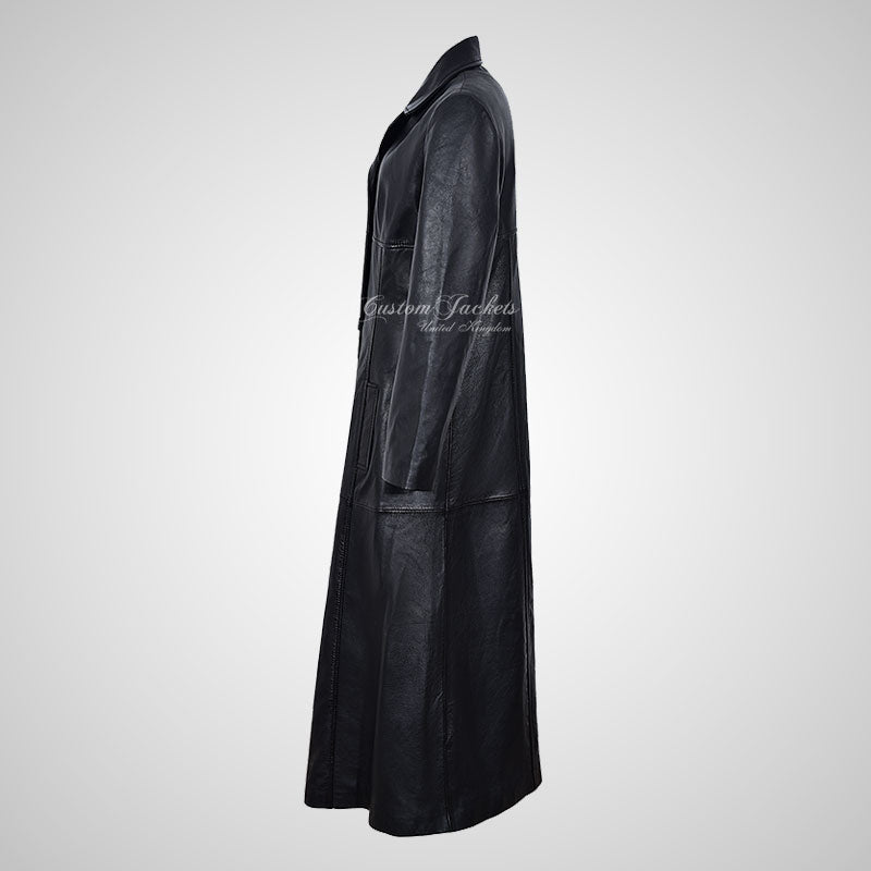 SECRET Ladies Black Leather Trench Coat Full Length Leather Coat
