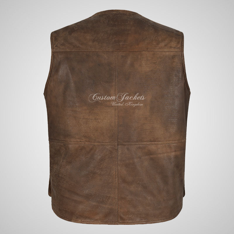 STEAD Fisherman Vest Leather Waistcoat for Mens Antique Brown Buffed