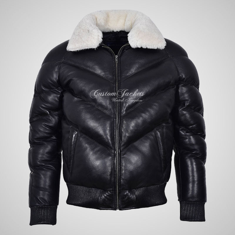 ALTITUDE Men's Puffer Bomber Leather Jacket with Removable Fur Collar