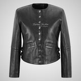 KIMBER Ladies Collarless Leather Jacket Short Fitted Black